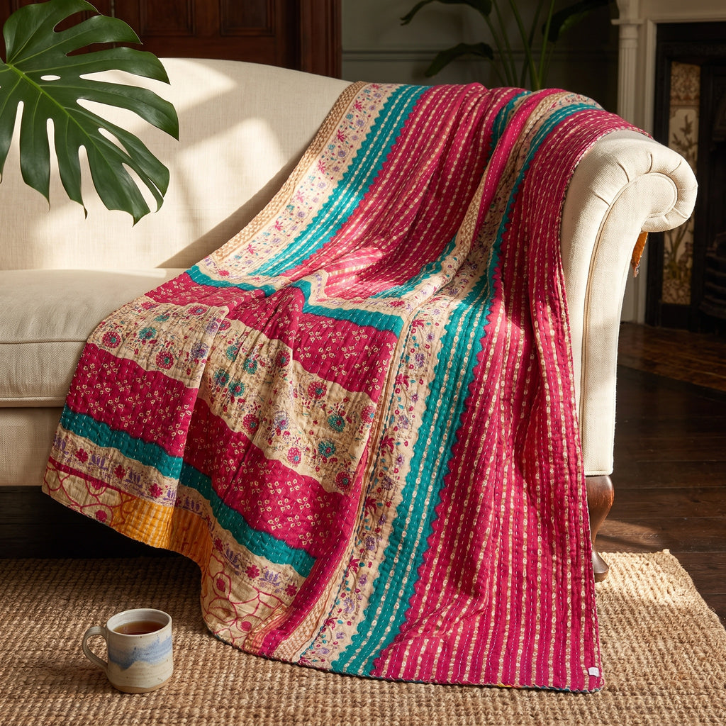 Caravan Meadow Vintage Cotton Kantha Throw featuring fuchsia, teal, beige, and yellow stripes with scattered floral and dot motifs, and visible kantha stitching.