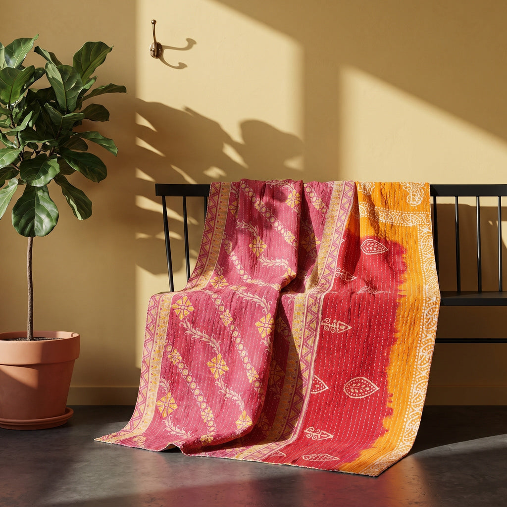 Reverse side 5 – Emerald Fern Vintage Cotton Kantha Throw