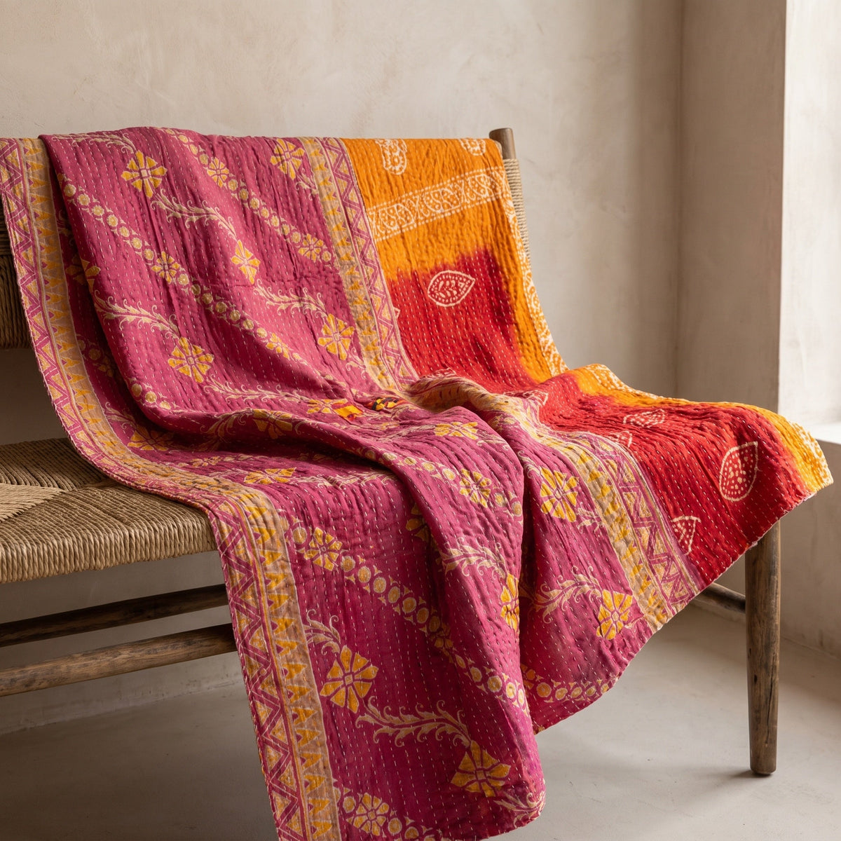 Reverse side 6 – Emerald Fern Vintage Cotton Kantha Throw