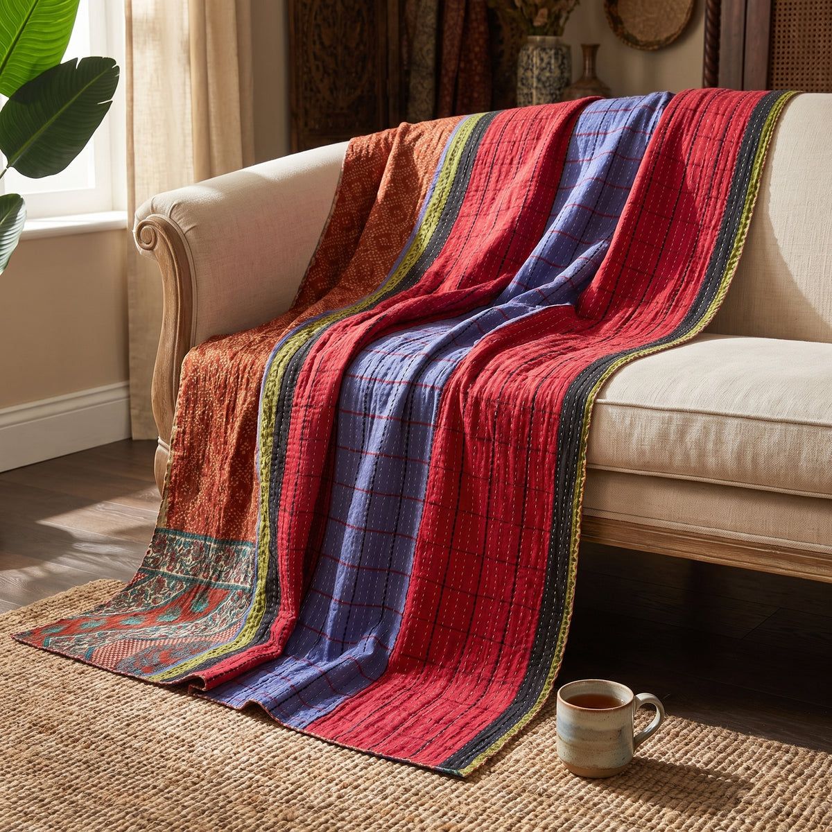 The Nomad Story Vintage Cotton Kantha Throw features dominant red, blue, and orange panels, showcasing characteristic Kantha grid stitching, a subtle dotted pattern, and an elaborate floral and paisley border, highlighted with olive green and black striped accents.