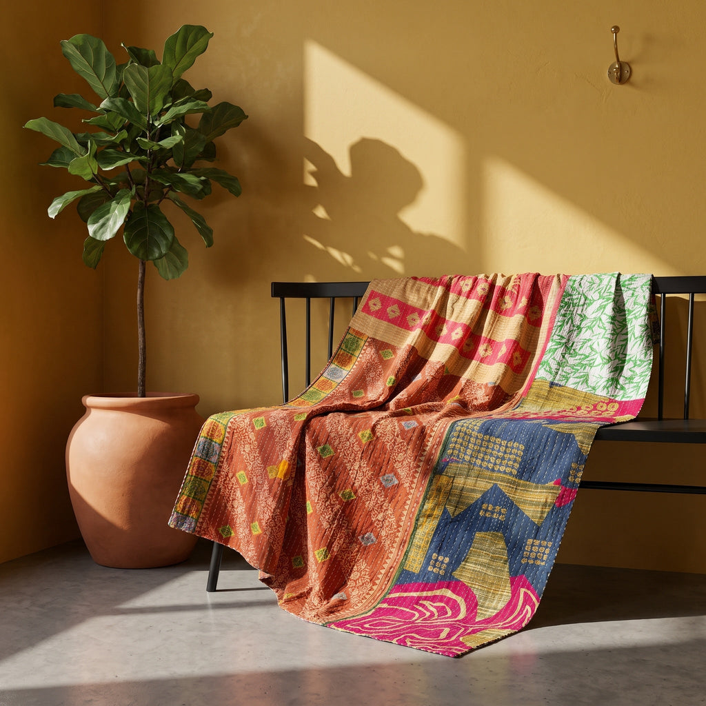 Reverse side 5 – Saffron Petal Vintage Cotton Kantha Throw