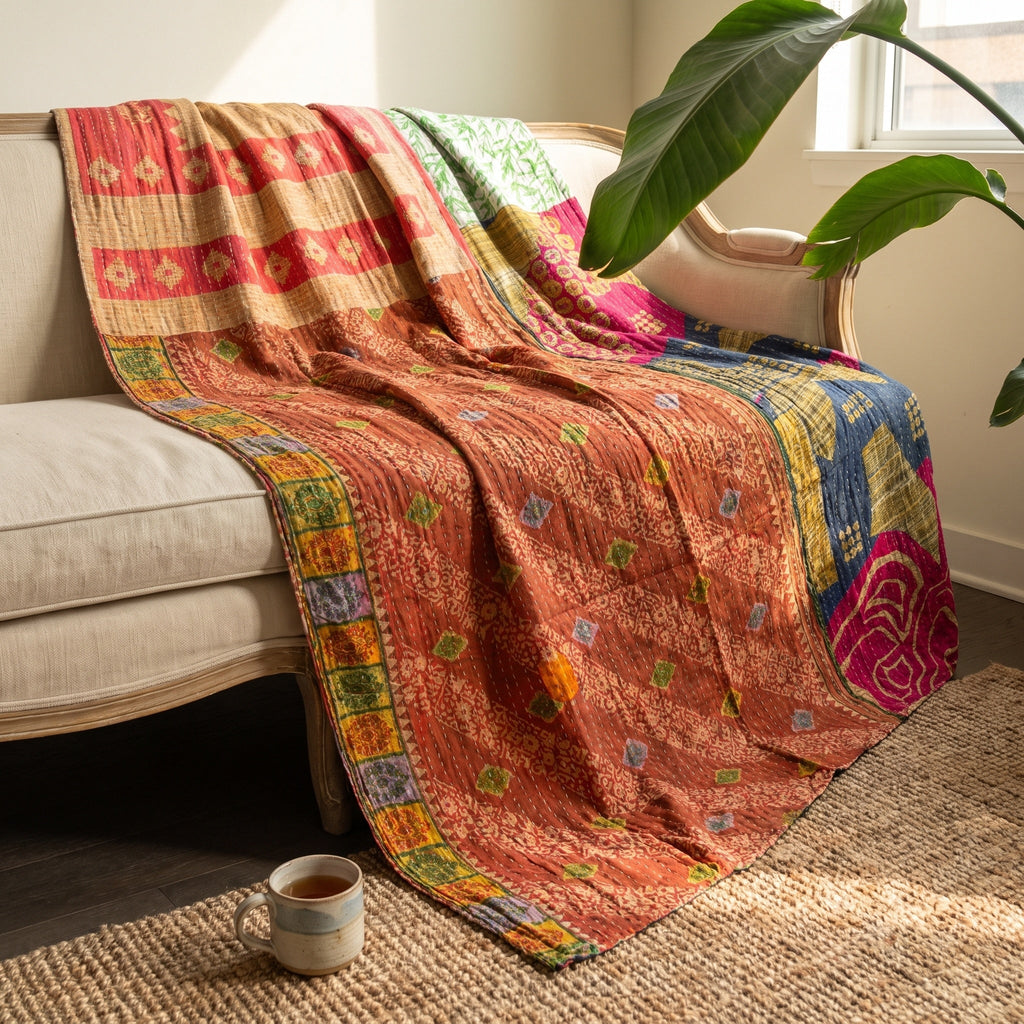 Reverse side 1 – Saffron Petal Vintage Cotton Kantha Throw