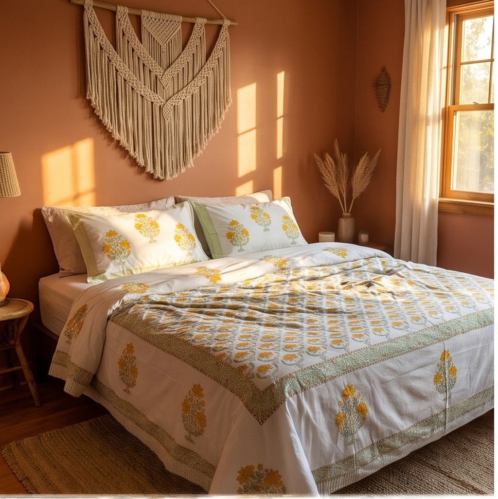 Azure Bloom Hand Block Printed King Bedsheet Set