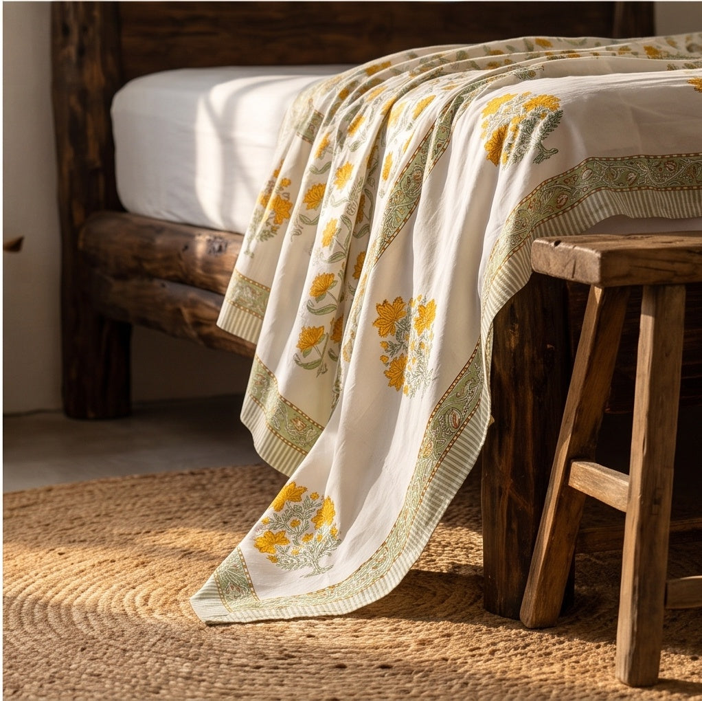 Azure Bloom Hand Block Printed King Bedsheet Set