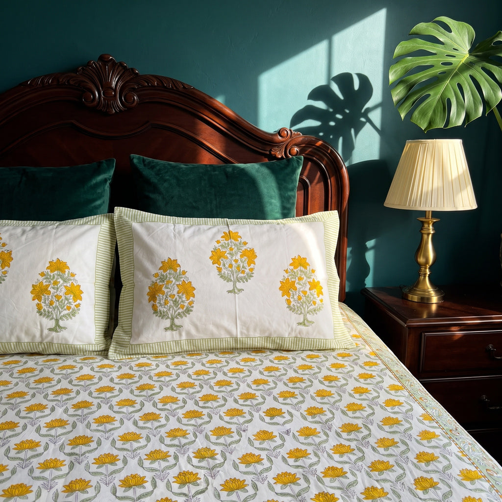 Azure Bloom Hand Block Printed King Bedsheet Set