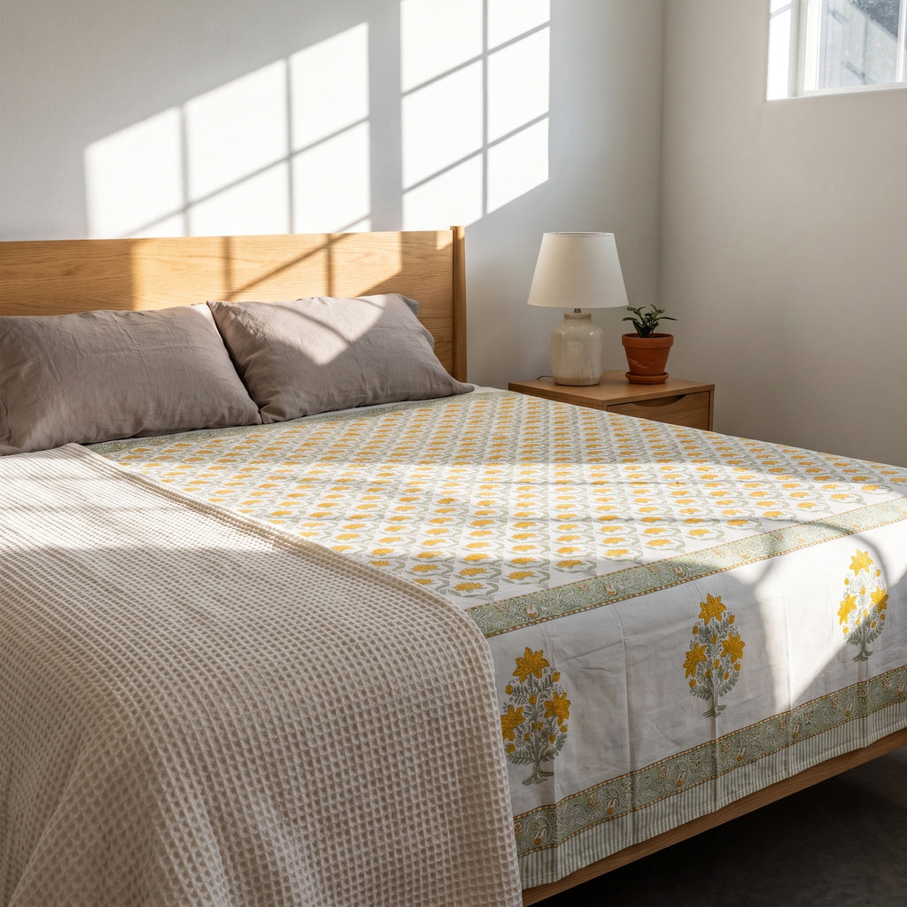 Azure Bloom Hand Block Printed King Bedsheet Set