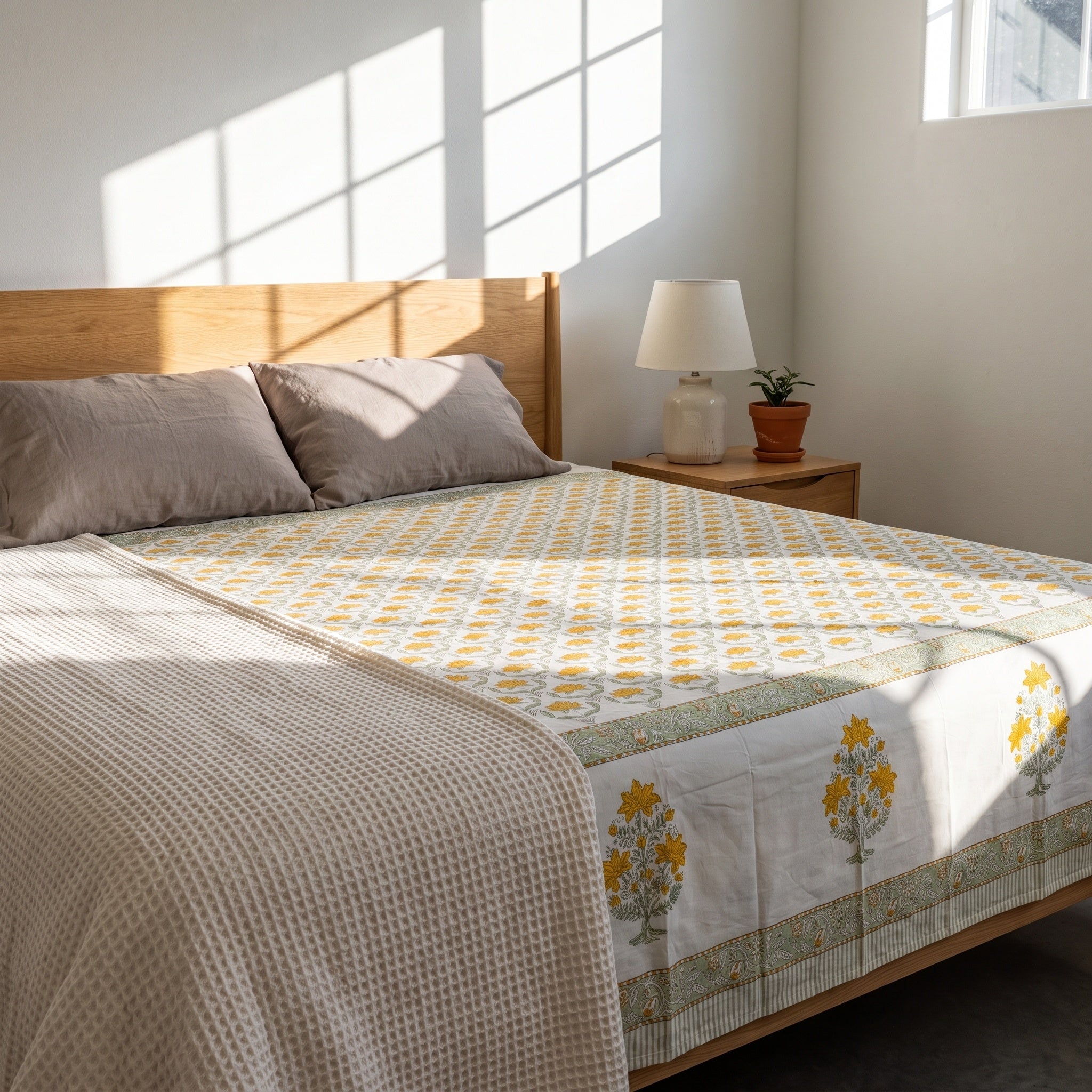 Azure Bloom Hand Block Printed King Bedsheet Set