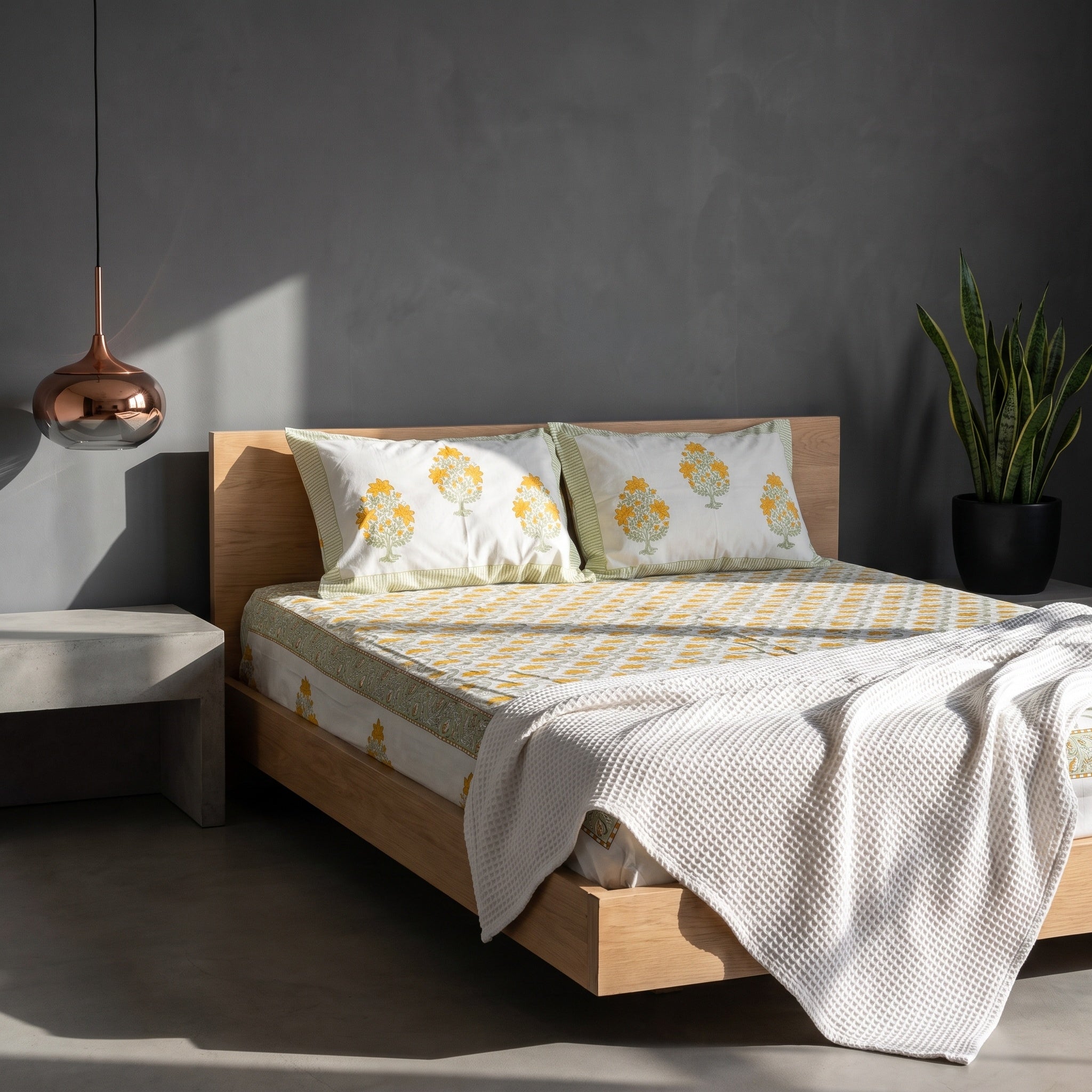 Azure Bloom Hand Block Printed King Bedsheet Set