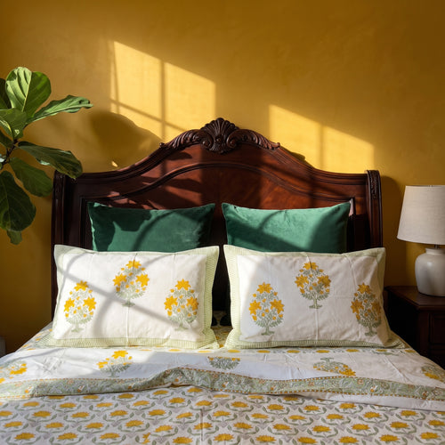 Azure Bloom Hand Block Printed King Bedsheet Set