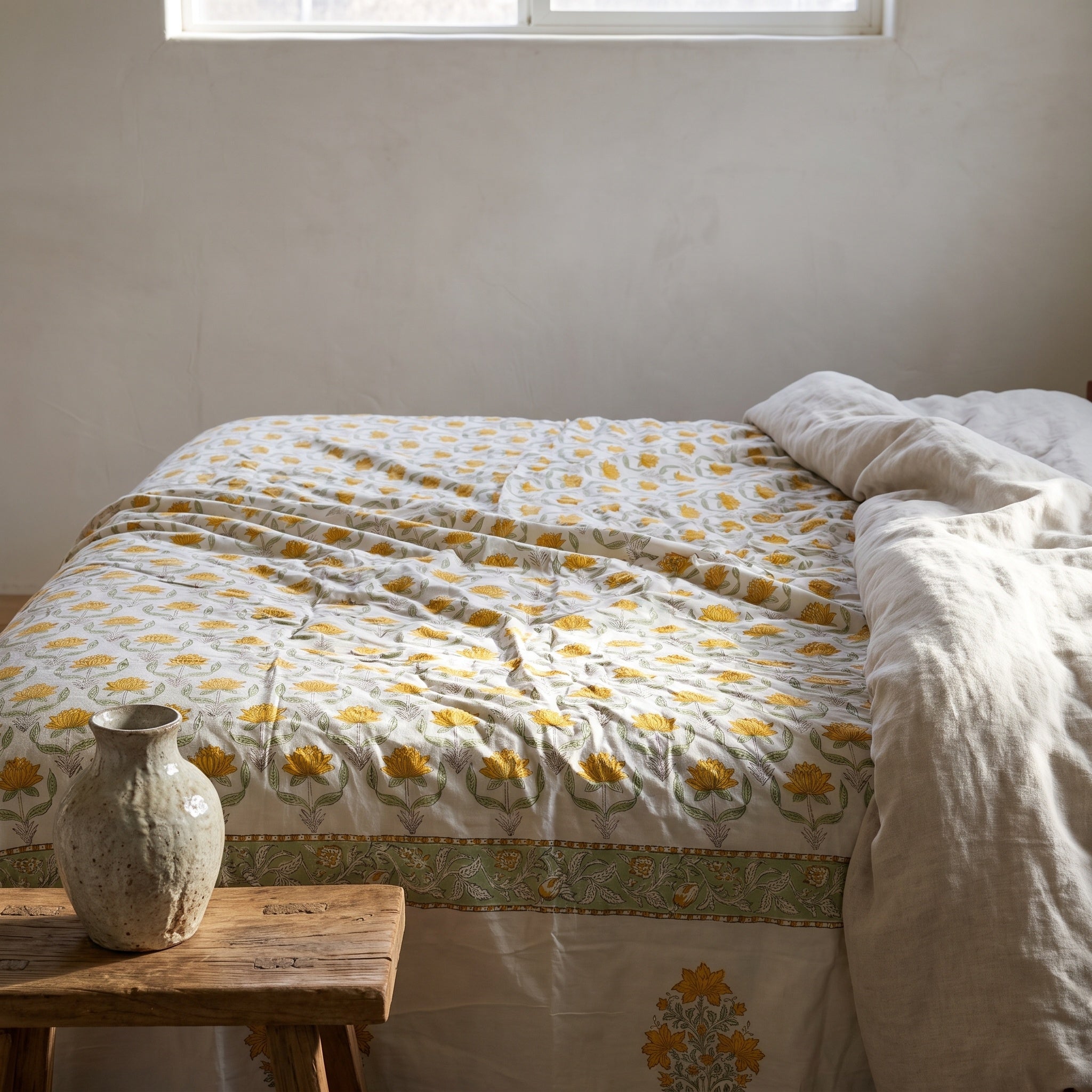 Azure Bloom Hand Block Printed King Bedsheet Set