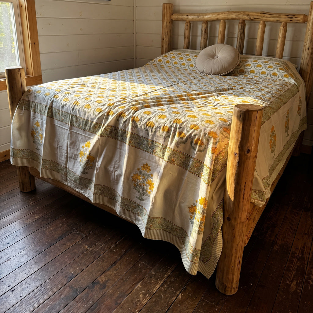 Azure Bloom Hand Block Printed King Bedsheet Set