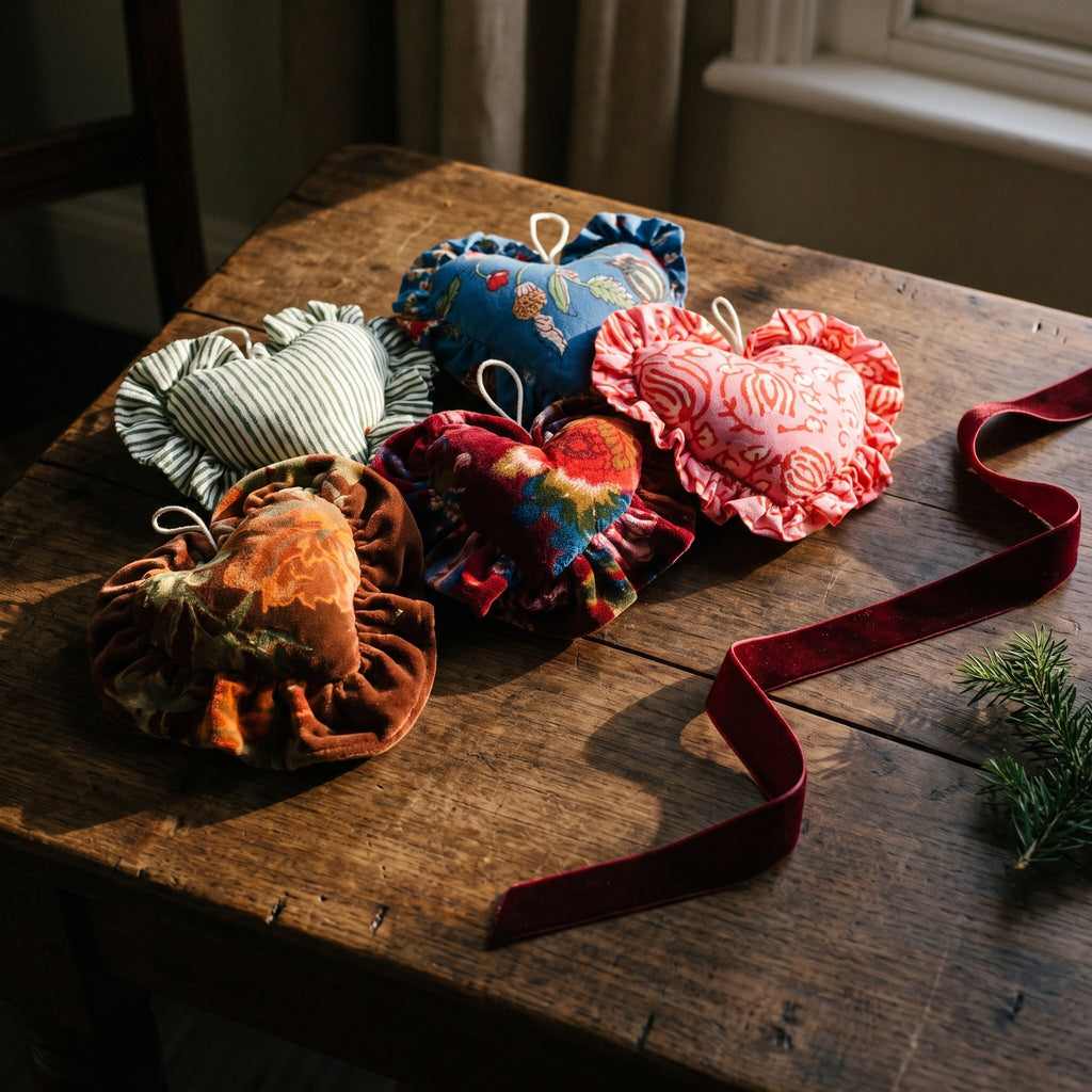Examples of handcrafted cotton heart Christmas ornaments – random assortment pack of six