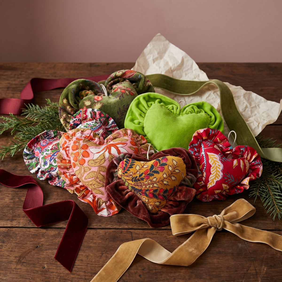 Handcrafted Cotton and Velvet Heart Christmas Ornaments :  Pack of 6