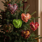 Handcrafted Cotton and Velvet Heart Christmas Ornaments :  Pack of 6