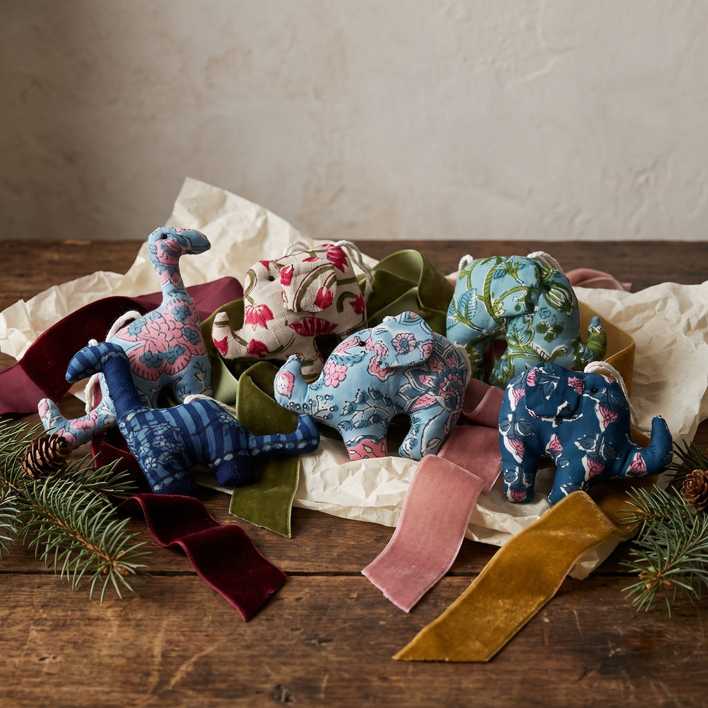 Handcrafted Cotton Elephant and Dinosaur Christmas Ornaments, Pack of 6
