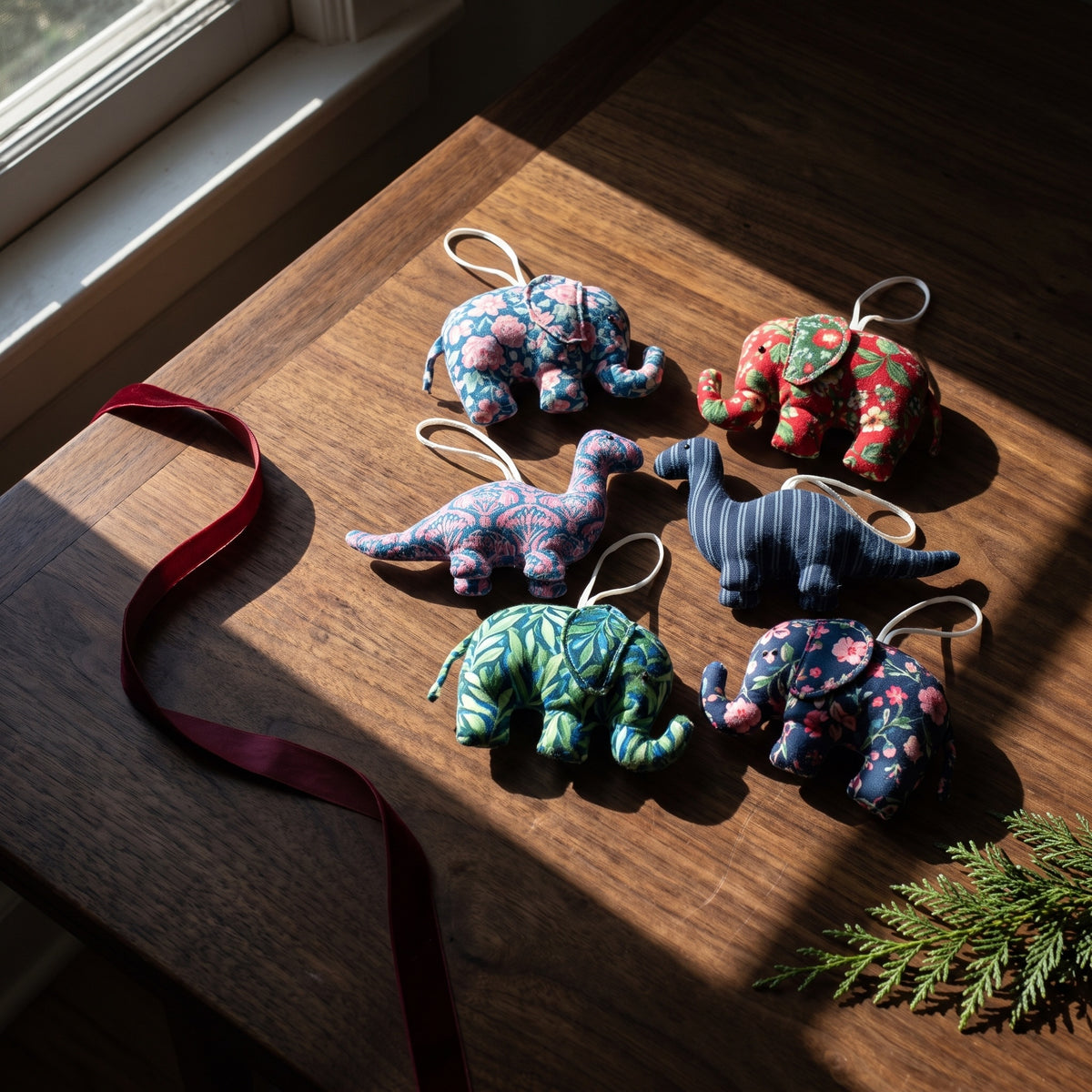 Handcrafted Cotton Elephant and Dinosaur Christmas Ornaments, Pack of 6