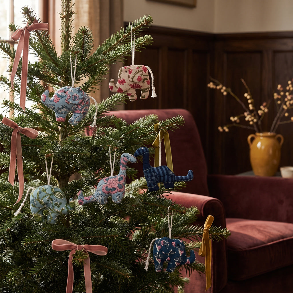 Handcrafted Cotton Elephant and Dinosaur Christmas Ornaments, Pack of 6