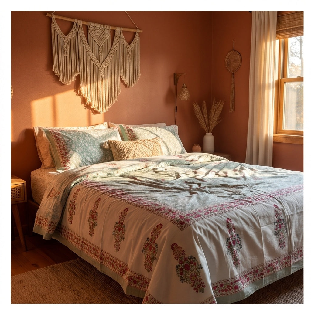 Indigo Bloom Hand Block Printed King Bedsheet