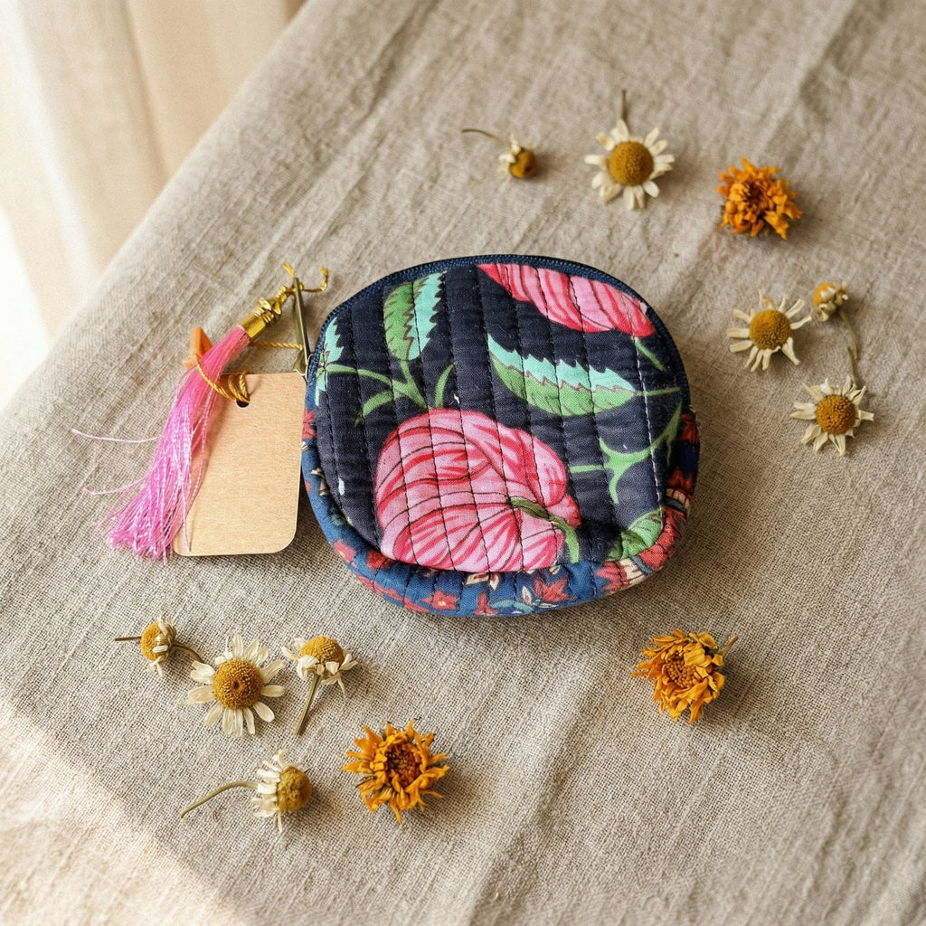 Whispering Lotus Cotton Block Printed Coin Purse