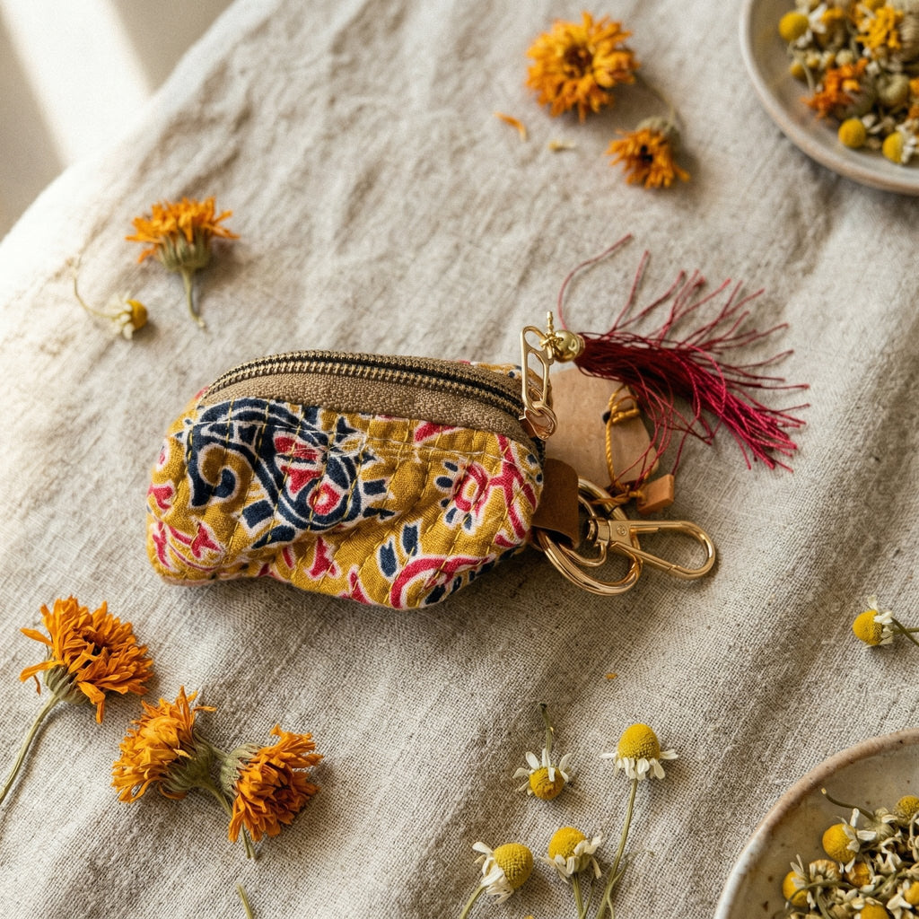 Fern Saffron Cotton Block Printed Coin Purse