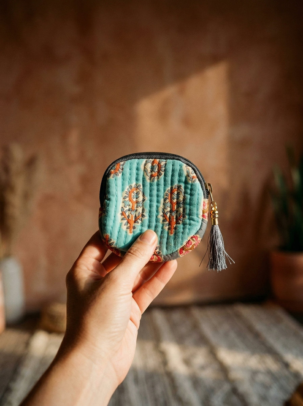 Stone Terracotta Cotton Block Printed Coin Purse