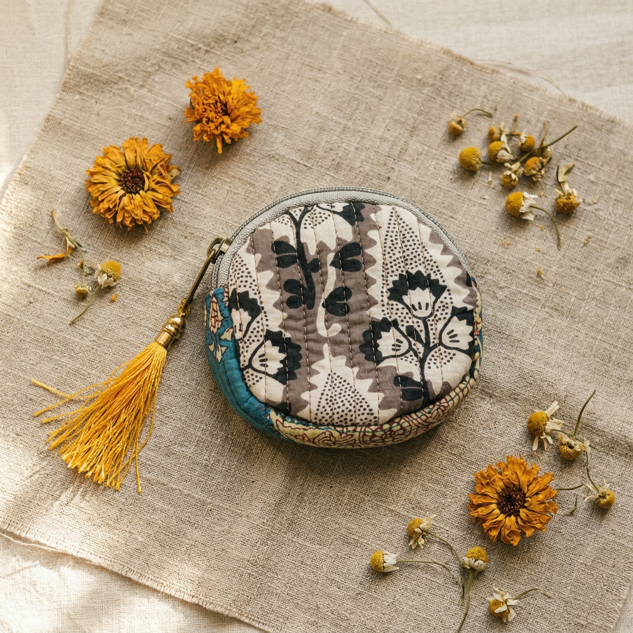 Fern Saffron Cotton Block Printed Coin Purse