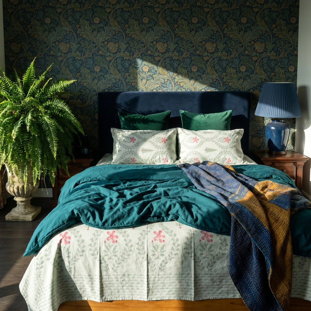 Radiant Bloom Hand Block Printed KING Bedsheet