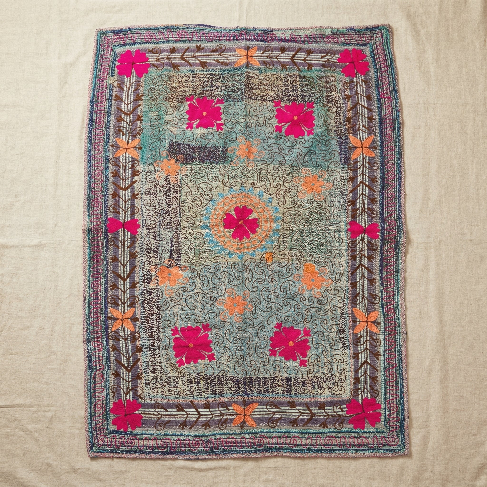 Eternal Bloom Luxury Vintage Suzani Kantha Throw