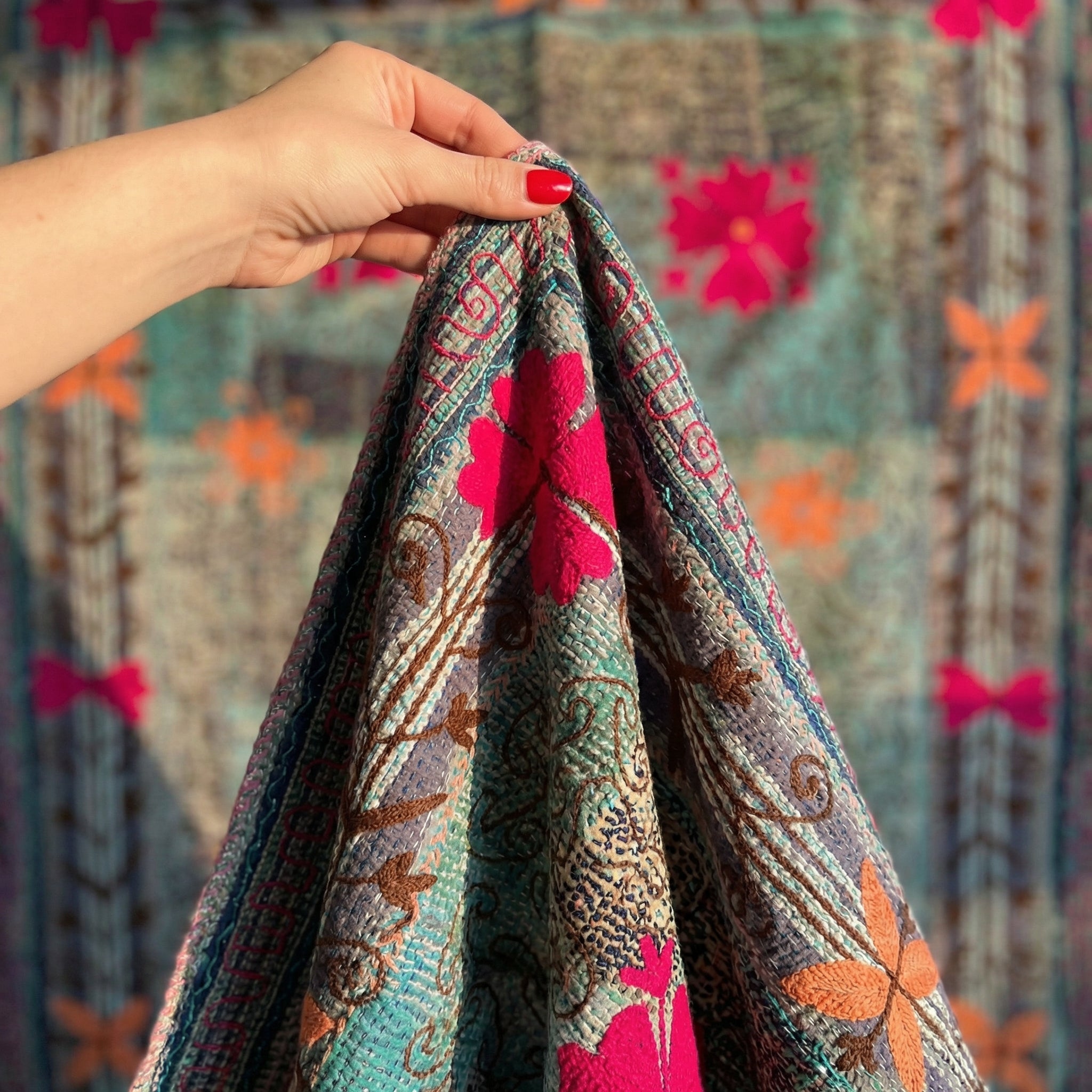 Eternal Bloom Luxury Vintage Suzani Kantha Throw