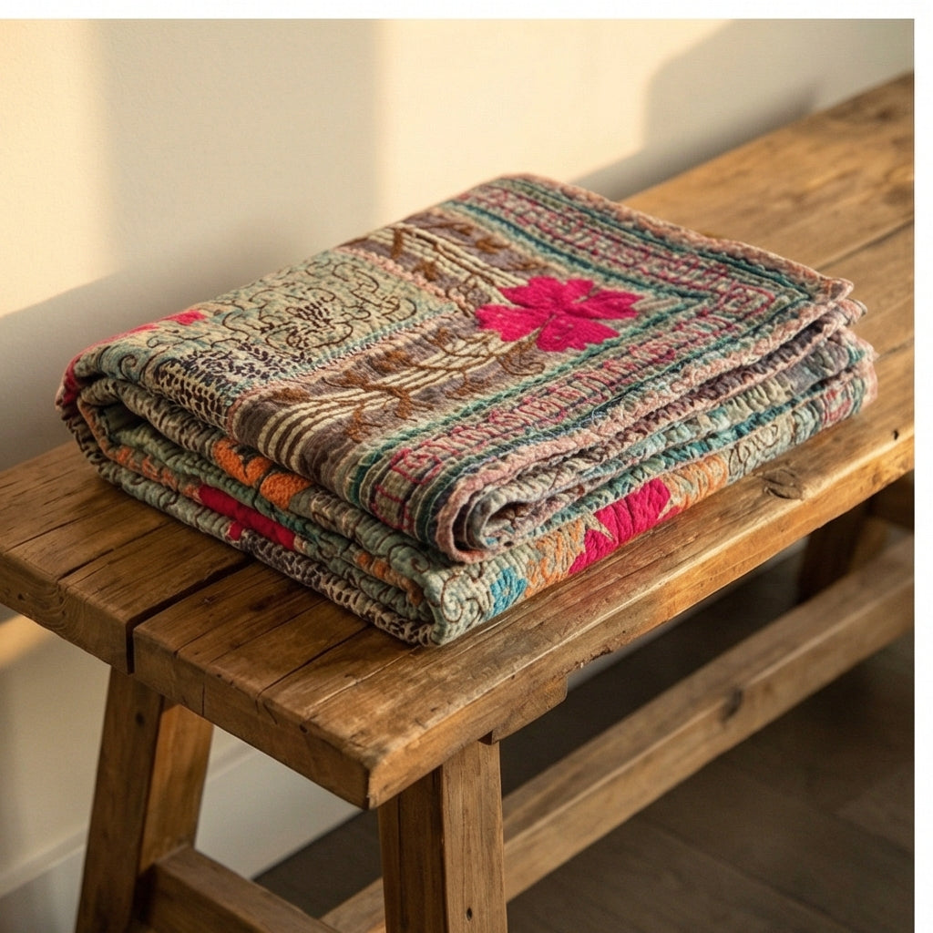 Eternal Bloom Luxury Vintage Suzani Kantha Throw