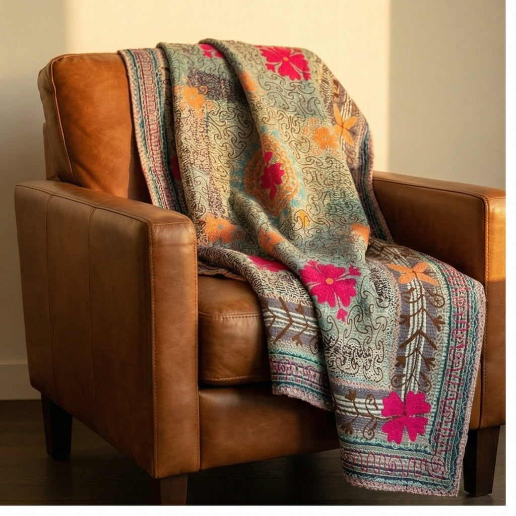 Eternal Bloom Luxury Vintage Suzani Kantha Throw