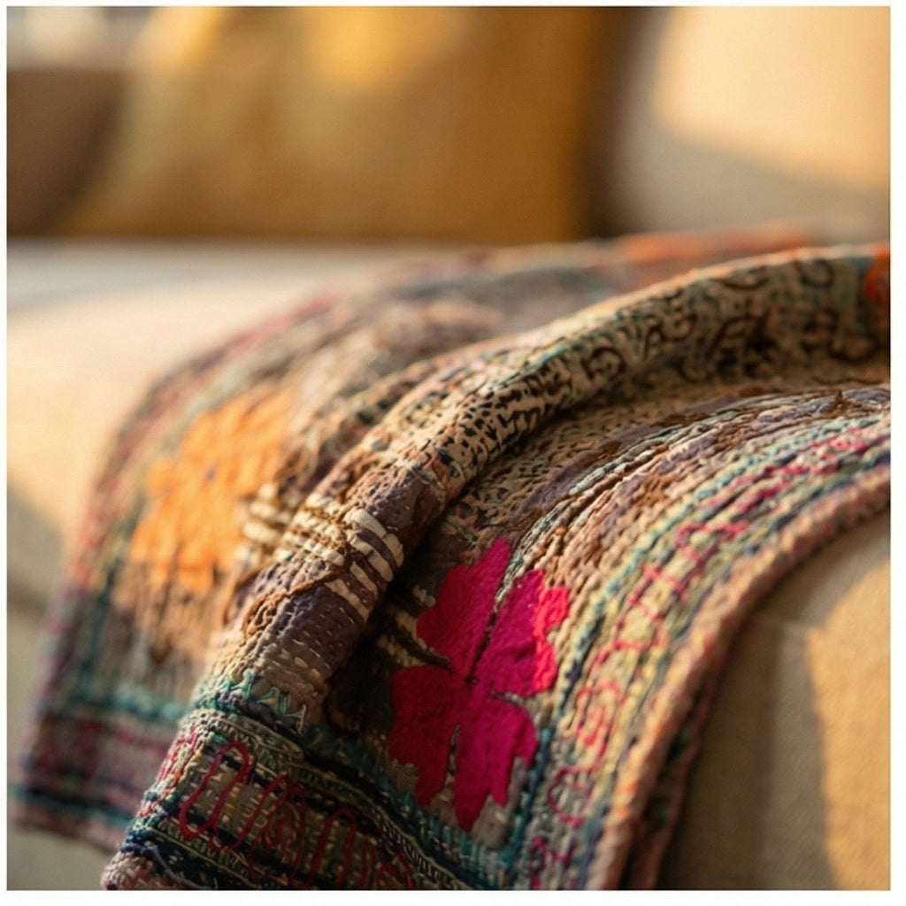 Eternal Bloom Luxury Vintage Suzani Kantha Throw