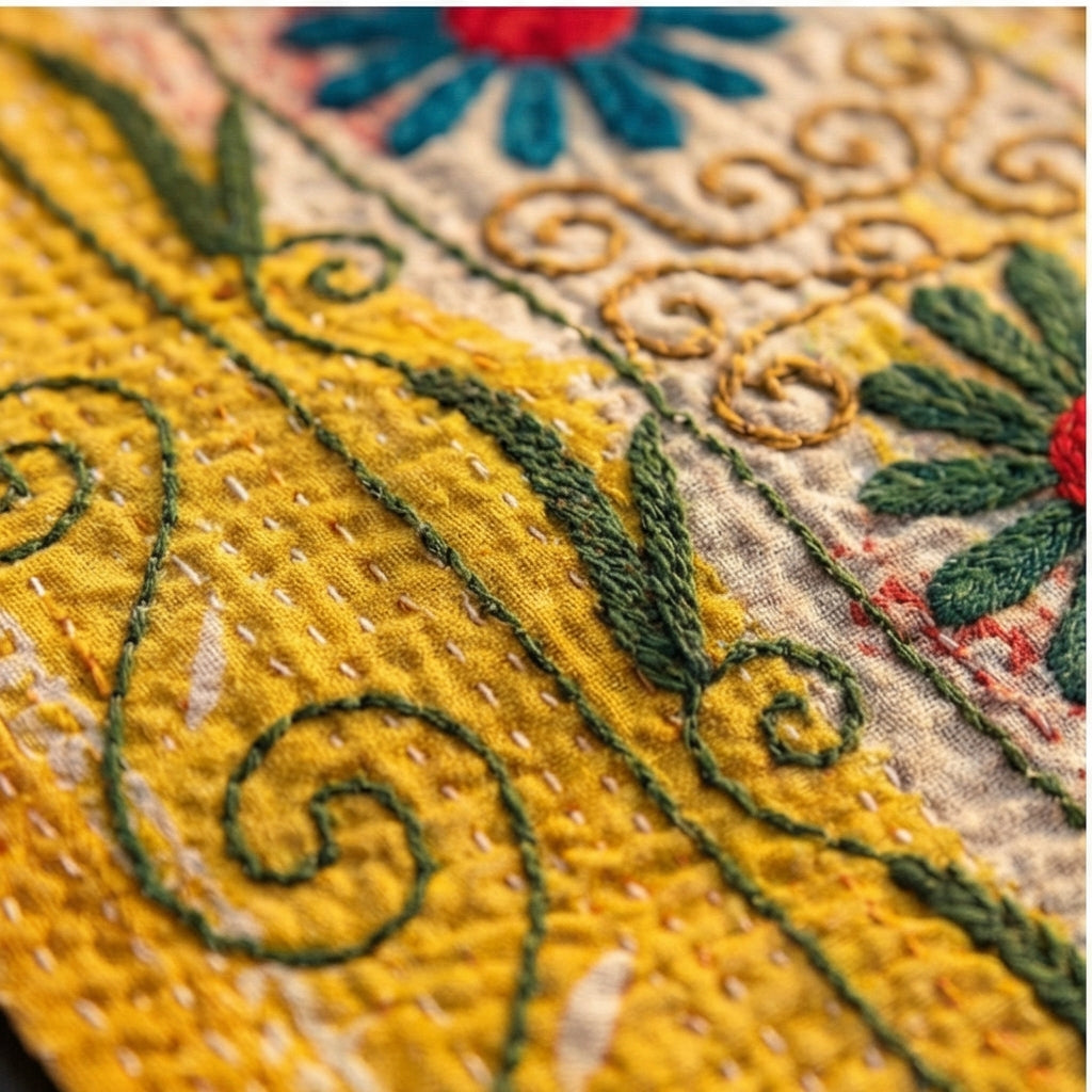 Golden Sunshine Luxury Vintage Suzani Kantha Throw Blanket