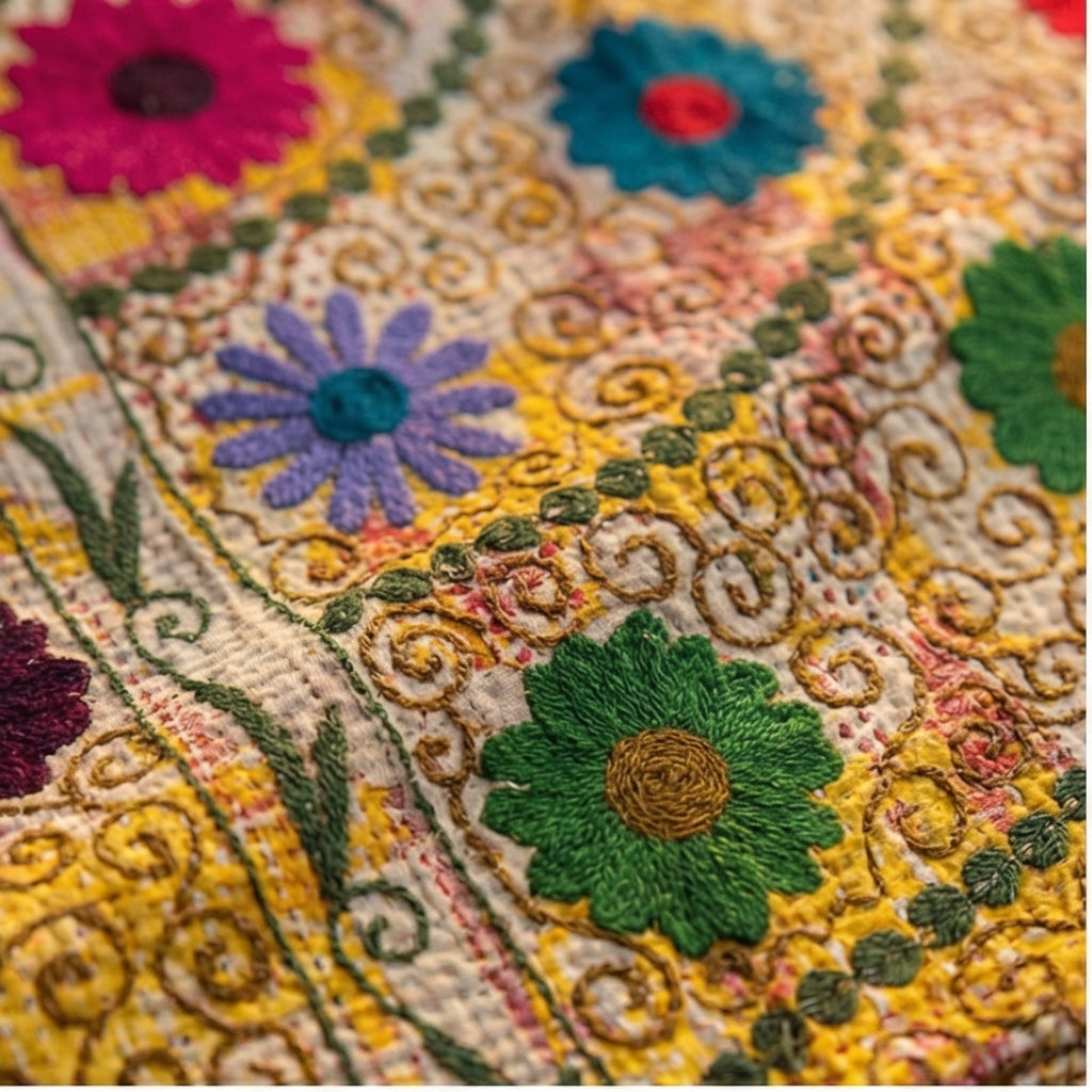 Golden Sunshine Luxury Vintage Suzani Kantha Throw Blanket