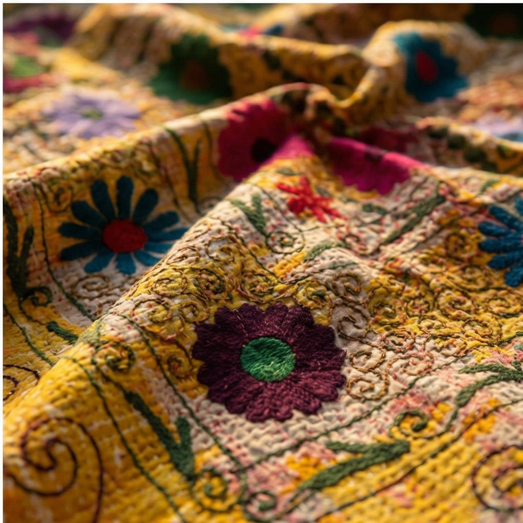 Golden Sunshine Luxury Vintage Suzani Kantha Throw Blanket