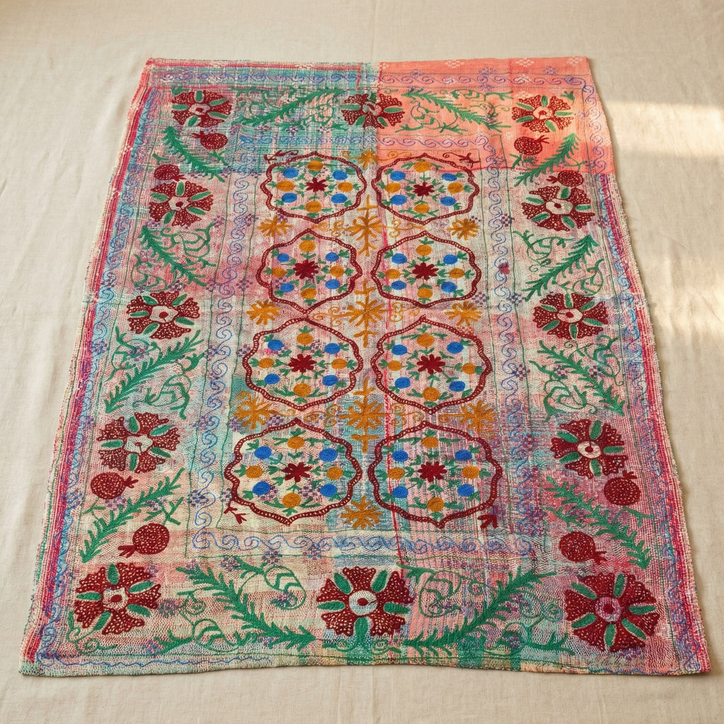 Blooming Cherry Luxury Vintage Suzani Kantha Throw Blanket