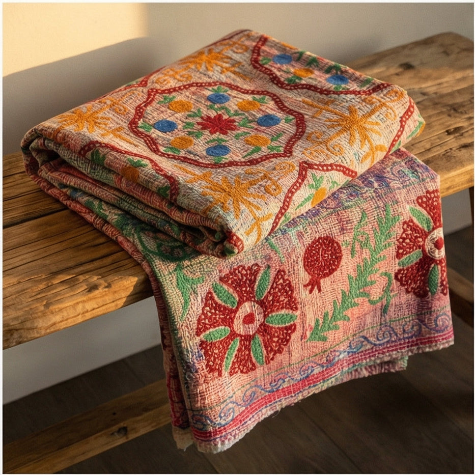 Colorful embroidered blanket on a wooden surface
