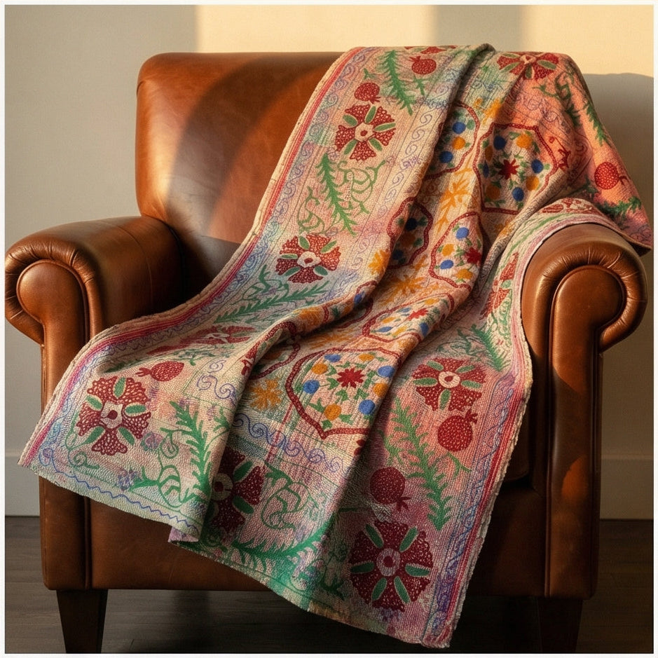 Blooming Cherry Luxury Vintage Suzani Kantha Throw Blanket