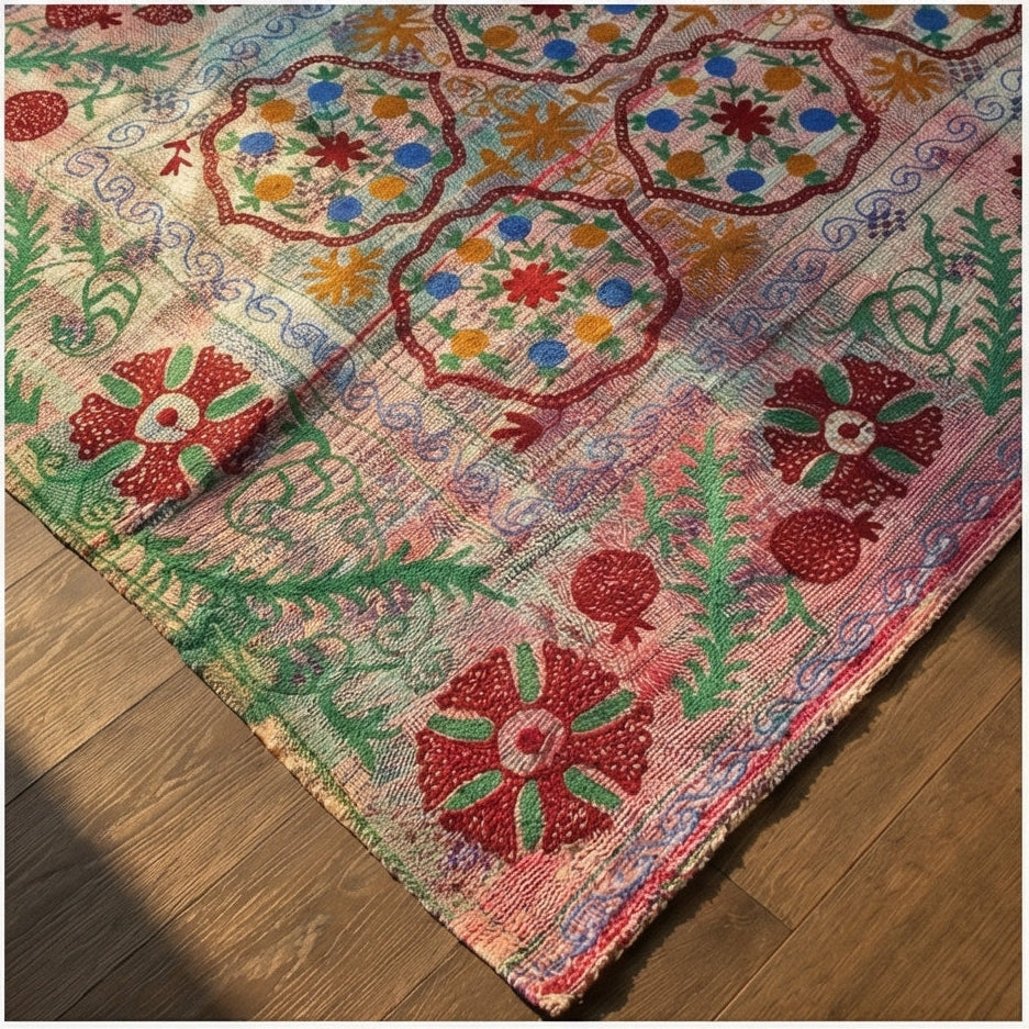 Colorful patterned rug on a wooden floor