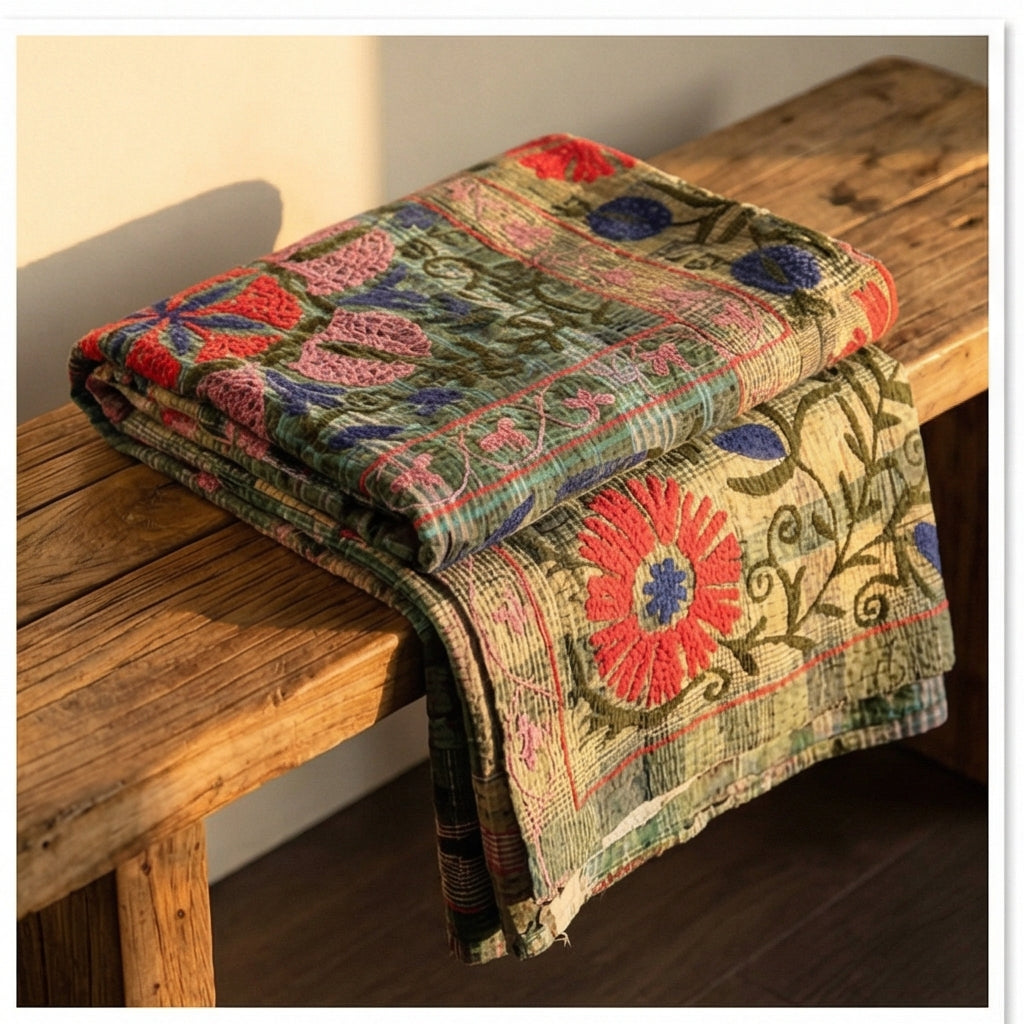 Morning Dew Luxury Vintage Suzani Kantha Throw