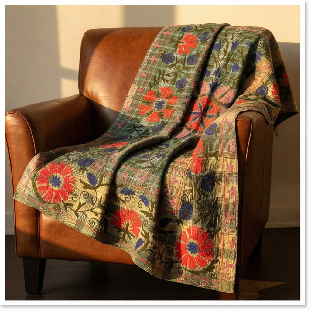 Morning Dew Luxury Vintage Suzani Kantha Throw