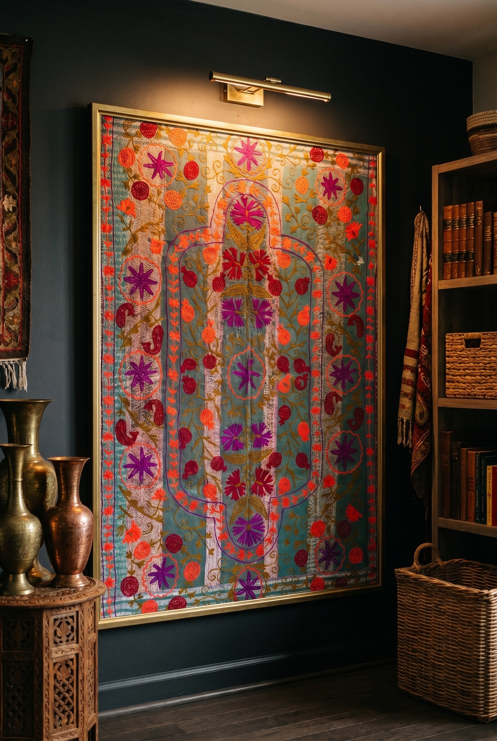 Terracotta Hearth Luxury Vintage Suzani Kantha Throw - framed