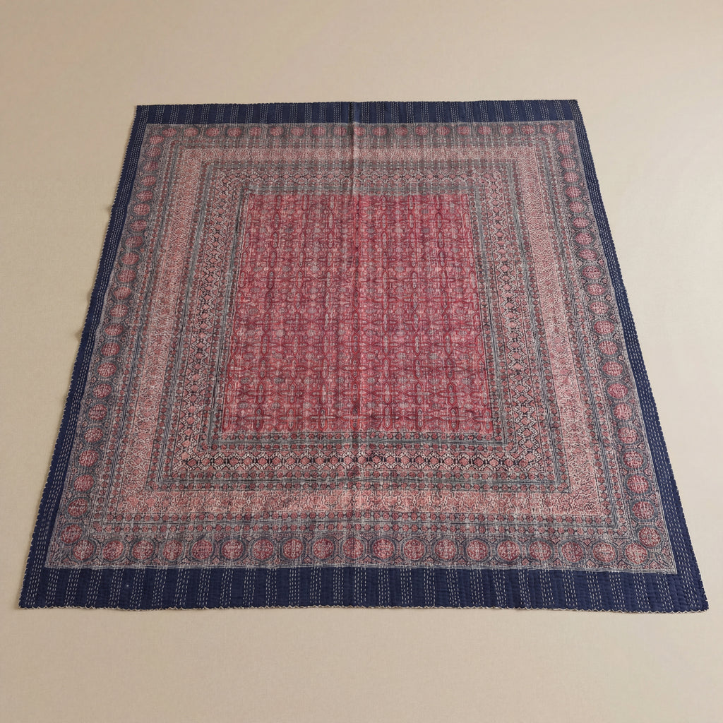 Indigo Ajrakh Kantha Queen Size Bed-spread (Reversible)