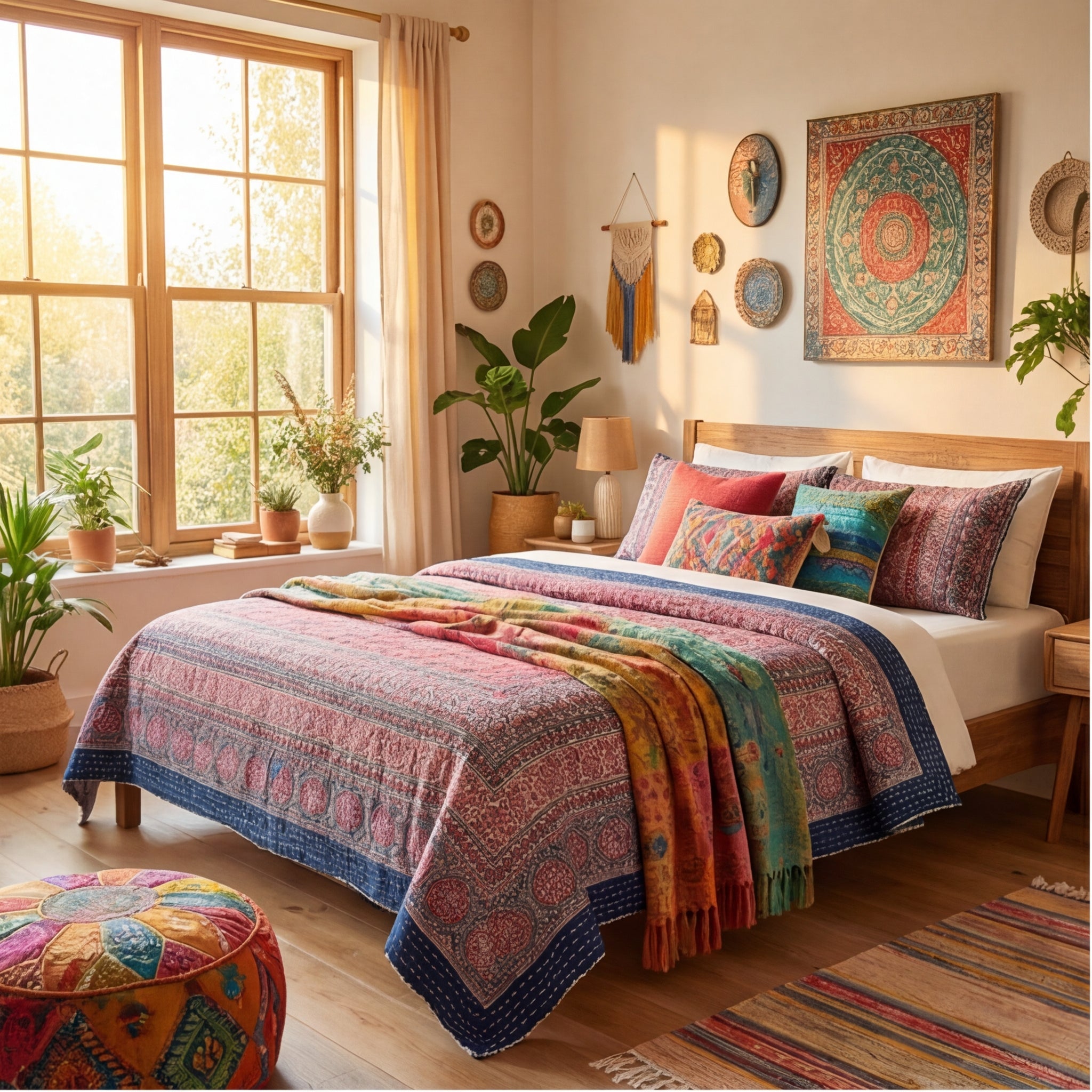 Indigo Ajrakh Kantha Queen Size Bed-spread (Reversible)