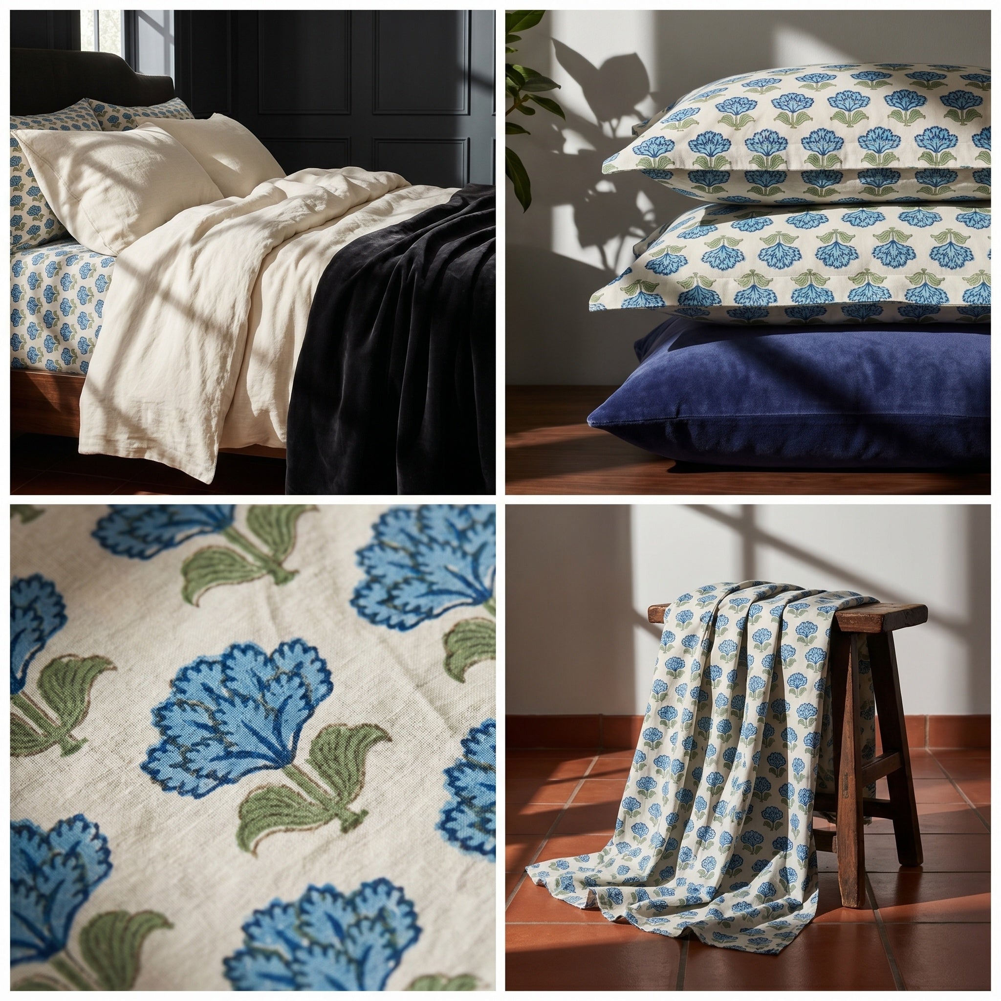Indigo Bloom Hand Block Printed KING Bedsheet
