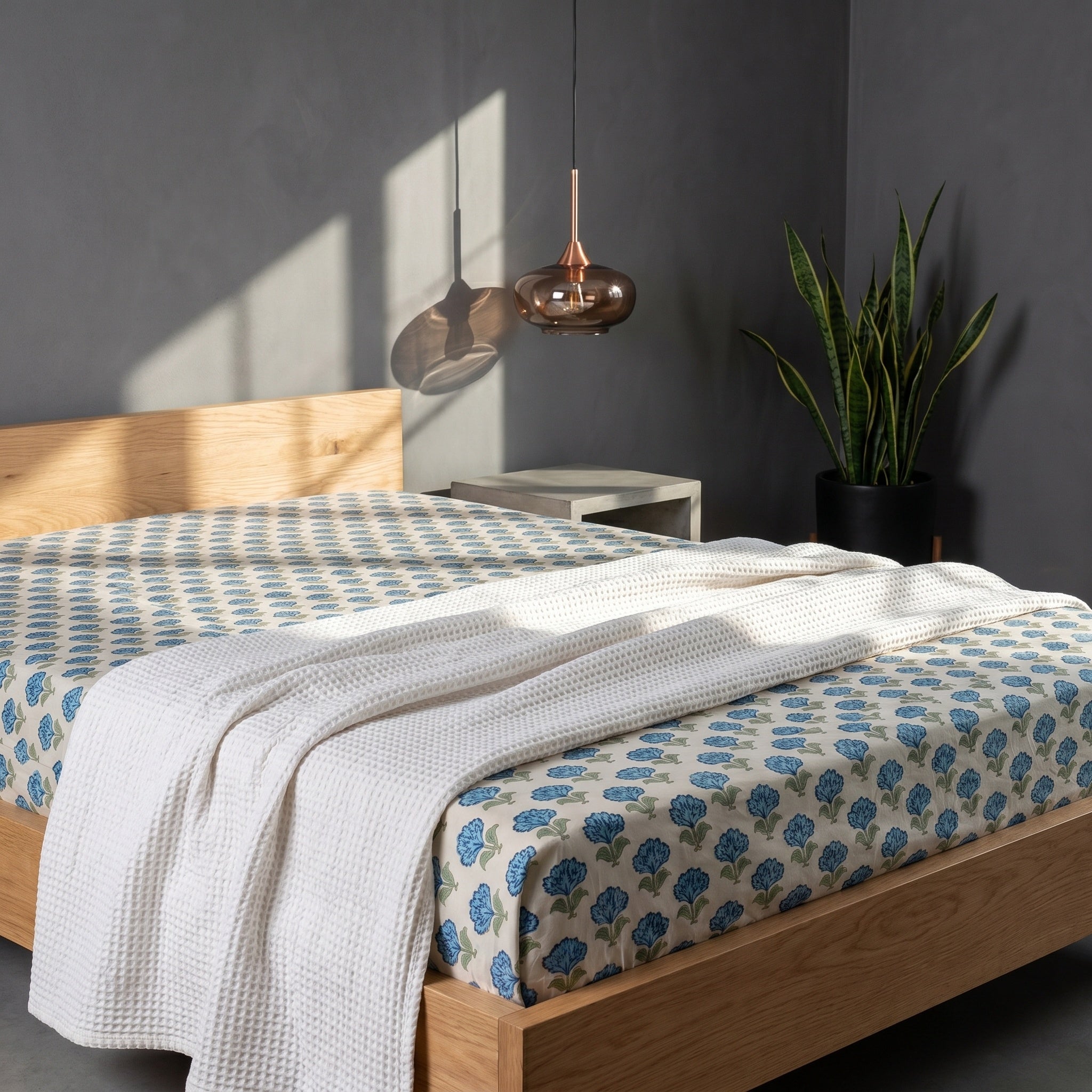 Indigo Bloom Hand Block Printed KING Bedsheet