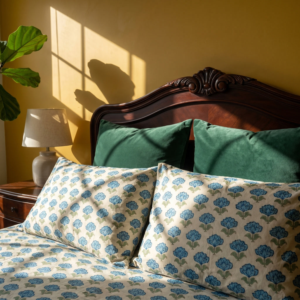 Indigo Bloom Hand Block Printed KING Bedsheet