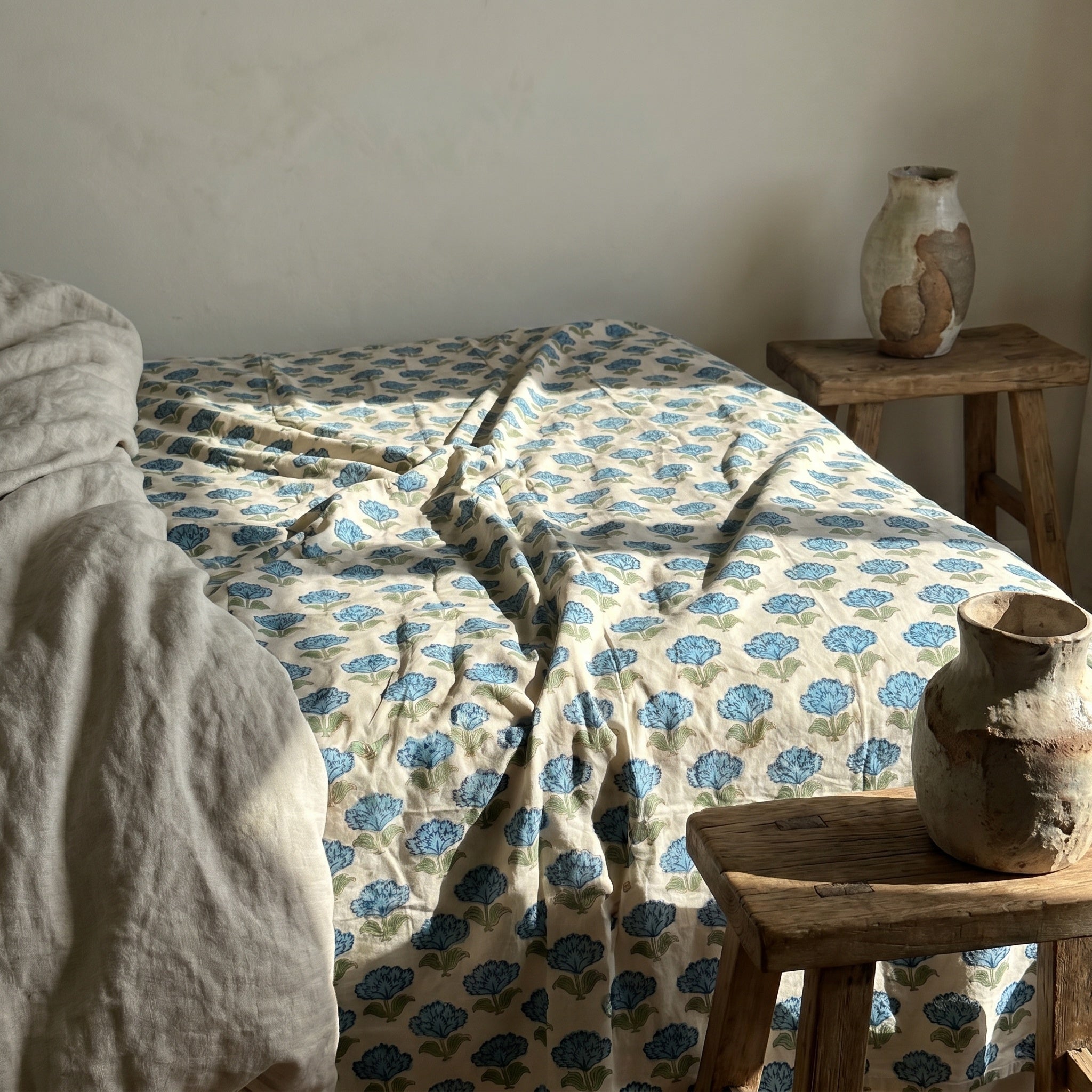 Indigo Bloom Hand Block Printed KING Bedsheet