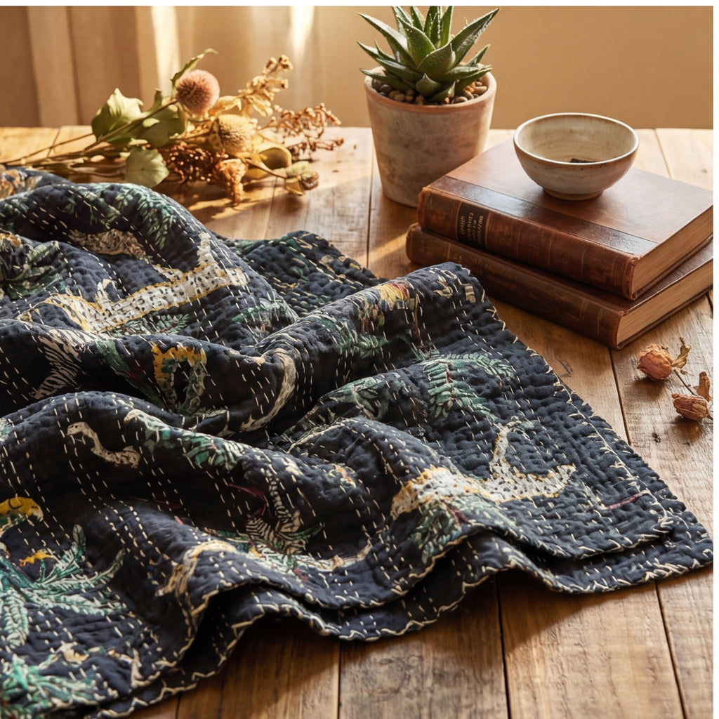 Midnight Jungle Reversible Kantha Throw