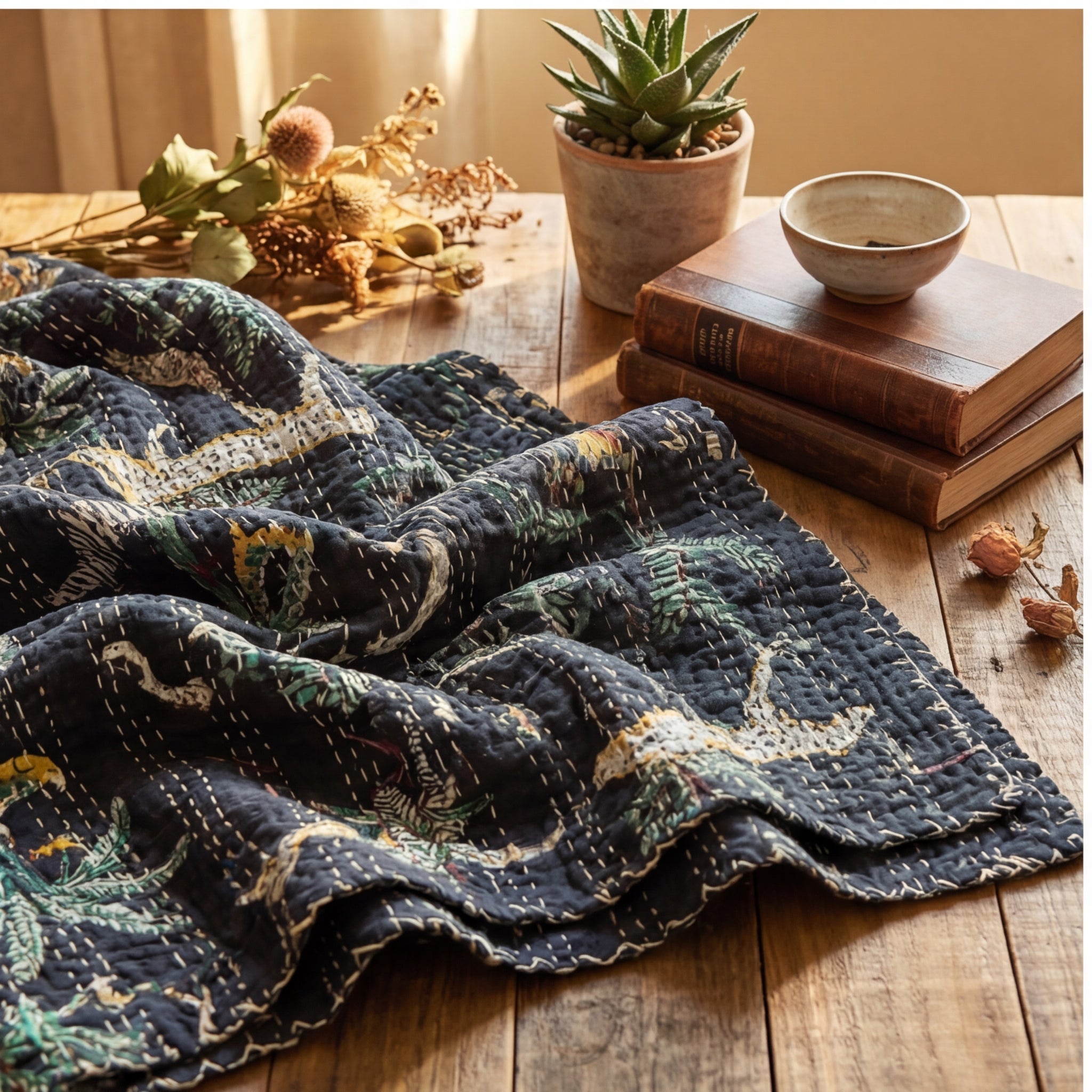 Midnight Jungle Reversible Kantha Throw